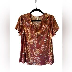 Short sleeve Brown Tie neck floral top